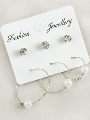 6 Adet İnci Taşlı Halka Küpe 2,5 cm-Gümüş Rengi