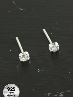 3 mm Tek Taş 925 Ayar Gümüş Küpe-Gümüş Rengi