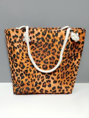 Leopar Desenli Plaj Çantası-Kahverengi