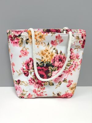 Gül Desenli Plaj Çantası-Pembe