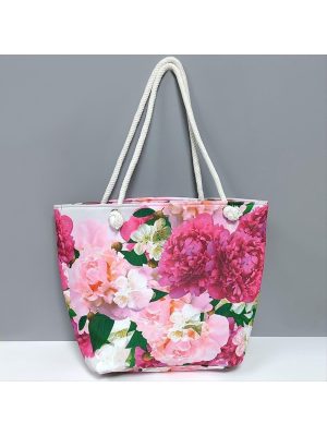 Gül Desenli Plaj Çantası-Pembe
