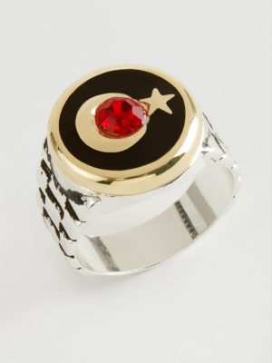 Ay Yıldız Metal Erkek Yüzük-Gümüş Rengi