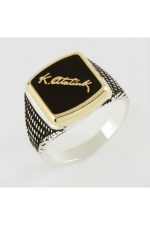 Mustafa Kemal Atatürk İmzalı Metal Erkek Yüzük-Sarı - Görsel 2