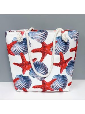 Deniz Yıldızı İstiridye Desenli Plaj Çantası-Beyaz
