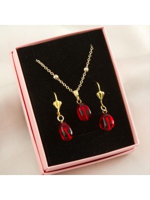 Cam Sanatı Murano Nar Tanesi Kutulu Set Kolye-Kırmızı