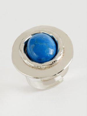 Oval Turkuaz Taşlı Yüzük-Gümüş Rengi