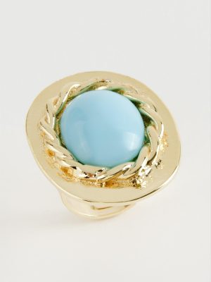 Oval Turkuaz Taşlı Yüzük-Sarı