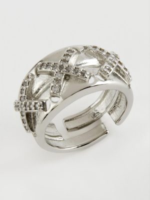 Çarpı Taşlı Metal Yüzük-Gümüş Rengi