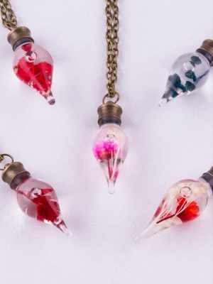 Sulu Çiçek Fanus Canlı Kolye-Antik