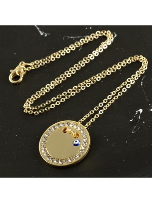 Yuvarlak İsim Yazılabilir Taşlı Boş Plaka Kolye-Sarı