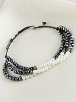 İncili Üçlü Kristal Bileklik-Antrasit