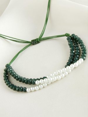 İncili Üçlü Kristal Bileklik-Yeşil