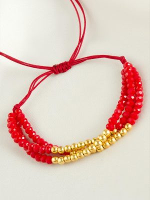 Top Metal Üçlü Kristal Bileklik-Kırmızı