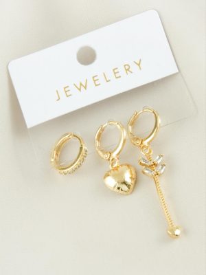 3 Adet Kalp Zirkon Taşlı Küpe-Sarı