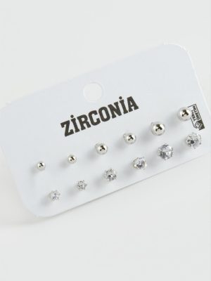 12 Adet Zirkon Tek Taşlı Küpe-Gümüş Rengi