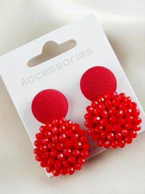 Düğme Kristal Küpe-Kırmızı