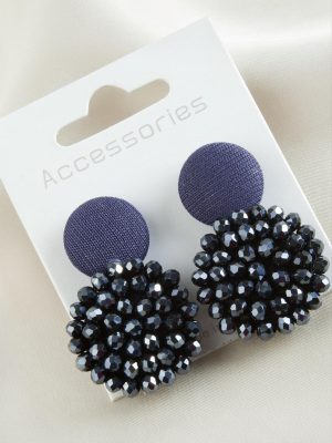 Düğme Kristal Küpe-Lacivert