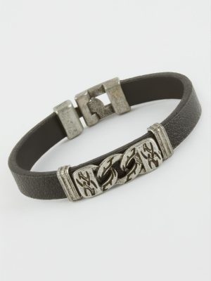 Zincir Desenli Suni Deri Bileklik-Siyah