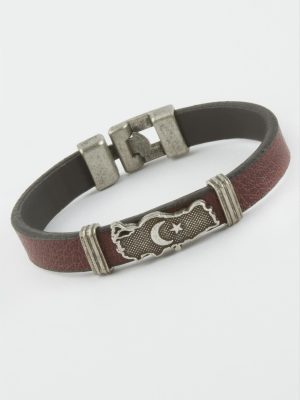 Ay Yıldız Suni Deri Bileklik-Bordo