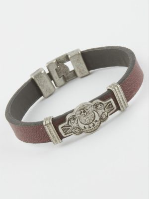 Ay Yıldız Suni Deri Bileklik-Bordo