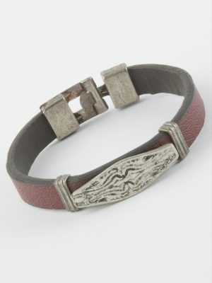 Oval Suni Deri Bileklik-Bordo