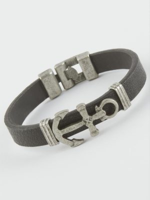 Çapa Suni Deri Bileklik-Siyah