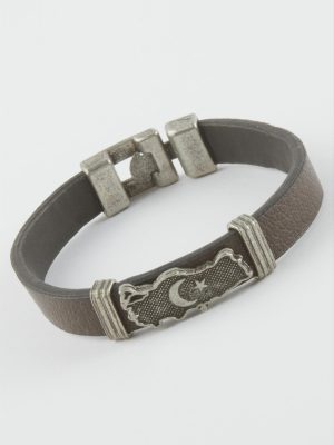 Ay Yıldız Suni Deri Bileklik-Kahverengi