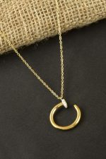 Çivi Zirkon Taşlı Lüks Çelik Kolye-Sarı