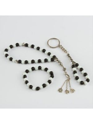 3' lü Doğal Taş Set Anahtarlık,Bileklik,Tesbih-Beyaz