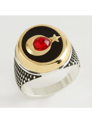 Ay Yıldız Metal Erkek Yüzük-Siyah