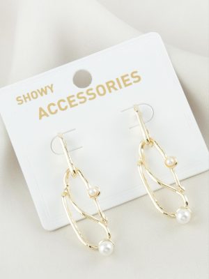 Oval İnci Metal Küpe-Sarı