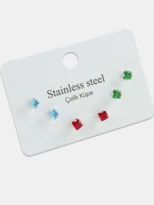 6 Adet Kare Zirkon Tek Taşlı Çelik Küpe-Gümüş Rengi