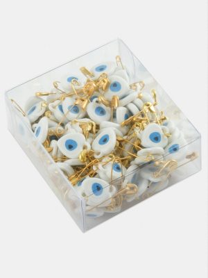 Kalp Nazar Boncuklu Çengel İğne 100 Adet-Beyaz