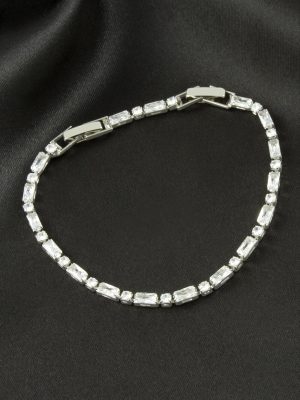 Dikdörtgen Zirkon Taşlı Lüks Kararmaz Bileklik 3X6 mm-Gümüş Rengi