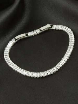 Baget Zirkon Taşlı Lüks Kararmaz Bileklik 5 mm-Gümüş Rengi