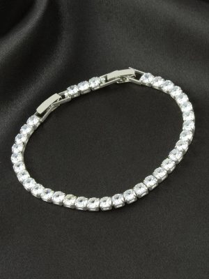 Yuvarlak Zirkon Taşlı Lüks Kararmaz Bileklik 4 mm-Gümüş Rengi