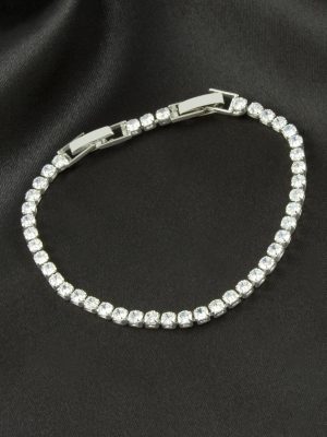 Yuvarlak Zirkon Taşlı Lüks Kararmaz Bileklik 3 mm-Gümüş Rengi