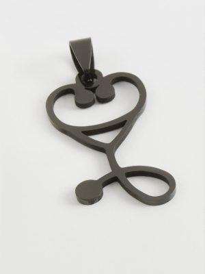 Steteskop Kalp Çelik Kolye Ucu 3,5 cm-Siyah