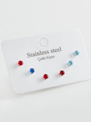 6 Adet Yuvarlak Zirkon Tek Taşlı Çelik Küpe-Gümüş Rengi