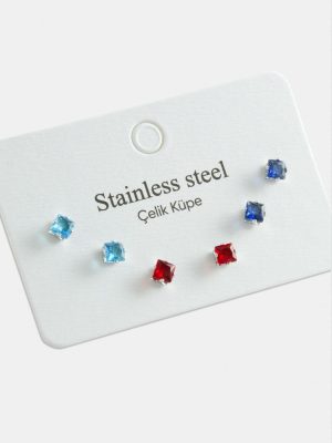 6 Adet Kare Zirkon Tek Taşlı Çelik Küpe-Gümüş Rengi