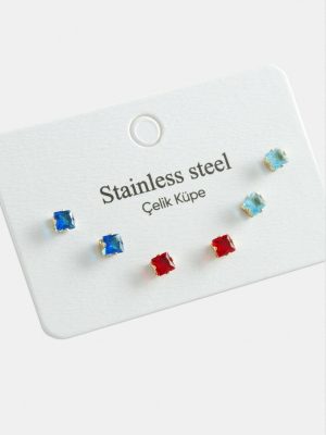 6 Adet Kare Zirkon Tek Taşlı Çelik Küpe-Sarı