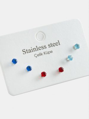 6 Adet Yuvarlak Zirkon Tek Taşlı Çelik Küpe-Gümüş Rengi