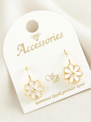 Çiçek Mineli Klipsi Küpe-Beyaz