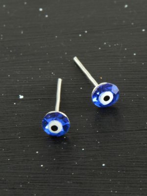 Kristal Taşlı Nazar Mineli Minik Küpe 0,4 mm-Mavi