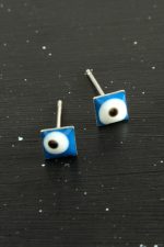 Mavi Renkli Kare Nazar Mineli Minik Küpe 1 Çift-Mavi - Görsel 2