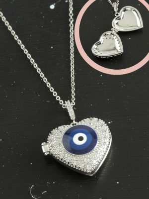 Kalp Nazar Kapaklı Zirkon Taşlı Çelik Kolye-Gümüş Rengi
