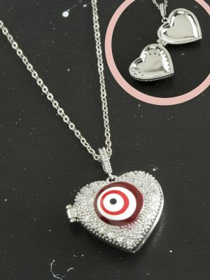 Kalp Nazar Kapaklı Zirkon Taşlı Çelik Kolye-Gümüş Rengi