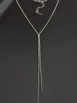 Çift Şerit Taşlı Çelik Kolye 2 mm-Gümüş Rengi