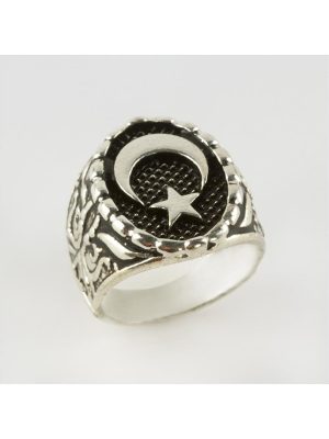 Ay Yıldız Figürlü Metal Erkek Yüzük-Gümüş Rengi