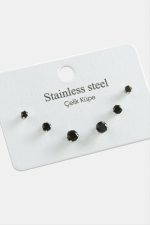 6 Adet Yuvarlak Zirkon Tek Taşlı Çelik Küpe-Siyah - Görsel 2